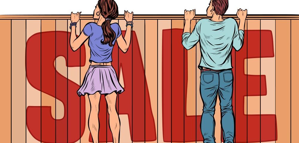 family looks over the fence at garage sale